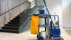  Janitorial supply cart ready for service in a commercial Chicago building