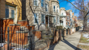 Historic homes and storefronts in Logan Square Chicago