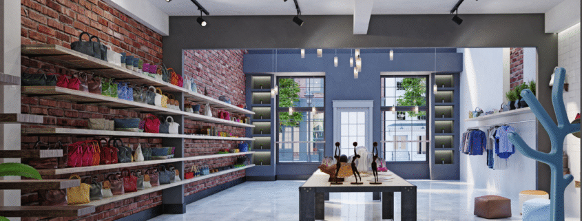 Clean boutique retail store with bright floors, shelves, and displays