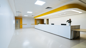 Spotless hospital reception area after professional terminal cleaning.