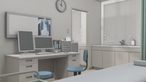 Doctor’s desk and diagnostic area cleaned for hygiene.
