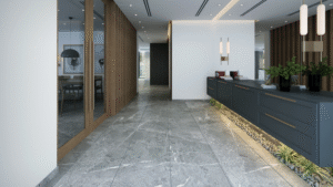 Modern reception desk with stone flooring and wood accents