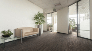 Clean modern office lobby with beige sofa, potted plants, and spotless carpet