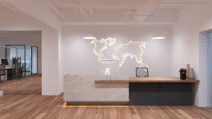 Elegant reception area with marble desk and modern decor