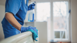 Commercial Cleaner disinfecting a hospital bed with blue gloves