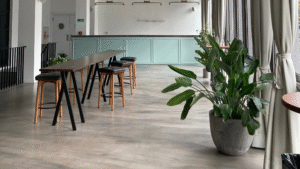 Bright, polished communal workspace with clean floors and green indoor plants.