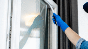 Hand with blue glove cleaning residential window with squeegee