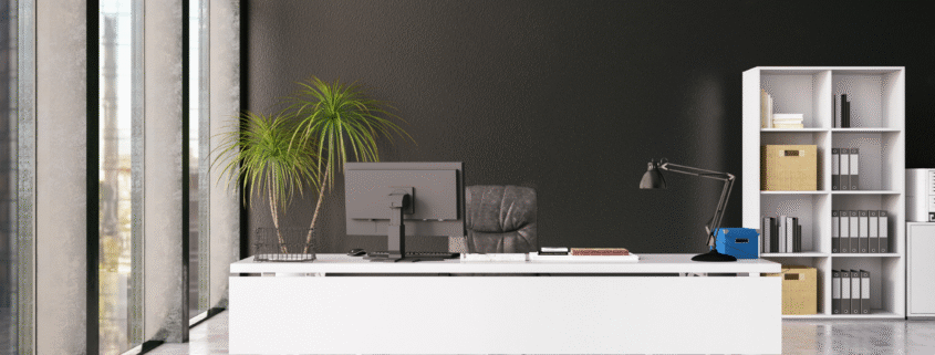 Organized and spotless office maintained by professional cleaning.