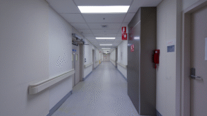 Bright hospital hallway maintained by The Best Terminal Cleaning Company in Chicago.