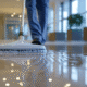 Janitorial floor scrubber cleaning shiny office hallway, branded with Power Bright Cleaning.