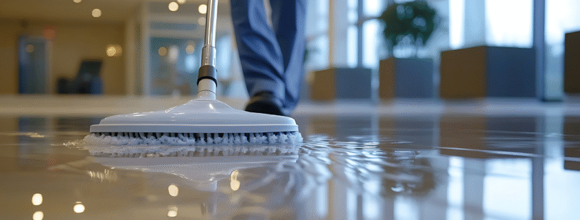 Janitorial floor scrubber cleaning shiny office hallway, branded with Power Bright Cleaning.