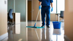 Janitor mopping clean office hallway with bucket, 