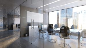 Finished office space after The Best Post-Construction Cleaning in Chicago with spotless glass partitions.
