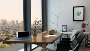 The Best Window Cleaning Company in Chicago keeping office glass spotless with a stunning city view