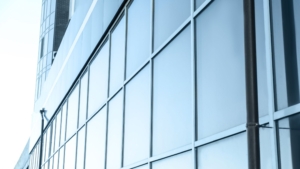 Exterior of a corporate building with freshly cleaned windows