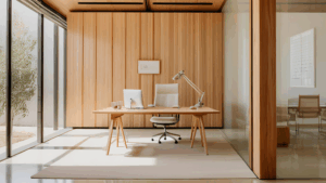 Bright modern office with wooden panels, desk, and natural light
