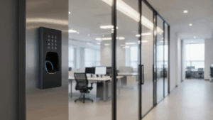 Corporate office entry with fingerprint scanner and clean glass partitions