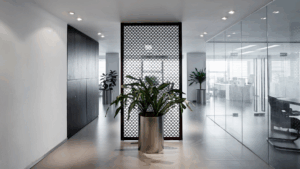 Office hallway with plants and patterned room divider