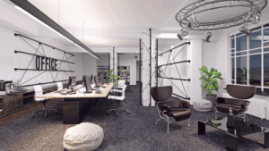 Creative open office space with desks, chairs, and lounge area