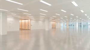 Clean modern office interior with bright lighting and glossy floors