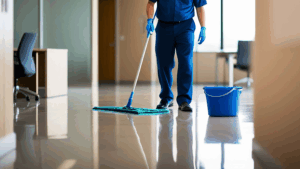 Professional janitor mopping a shiny office floor