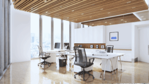 High-end office with large windows overlooking the city