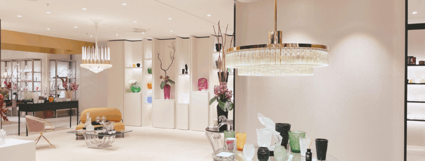 Elegant retail interior with chandelier and curated displays