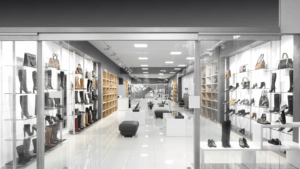 Shoe store with polished floors and organized shelves