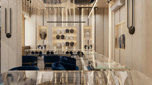 Upscale jewelry boutique with dramatic lighting and clean cases