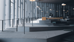 Sunlit modern lobby with clean architectural lines and polished floors