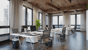 Bright, modern workspace with wood flooring and wide windows