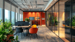 Modern open office with clean desks, bright seating, and organized workspaces surrounded by plants.