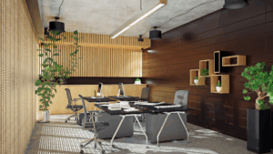 Contemporary office with clean desks, natural wood accents, and minimal clutter.