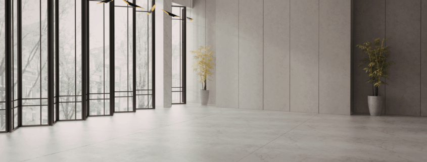 Modern commercial lobby with polished floors and natural light after professional janitorial cleaning