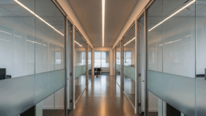 Clean office hallway with glass partitions and modern lighting