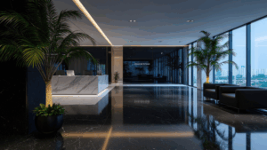 Polished commercial lobby floor after professional janitorial service