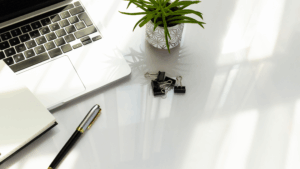 Minimal office desk with laptop, plant, and spotless work surface