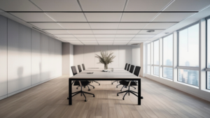 Bright conference room with large windows allowing natural light into a modern office space