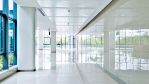 Professional Window Cleaning Chicago showcasing a bright commercial lobby with floor-to-ceiling glass