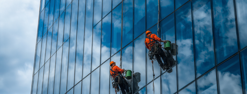 Clean exterior glass reflecting sky and surroundings on a commercial building