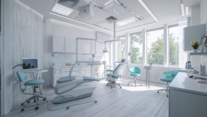 Clean healthcare hallway maintained by Chicago’s Professional Medical Cleaning with polished floors and organized walls.