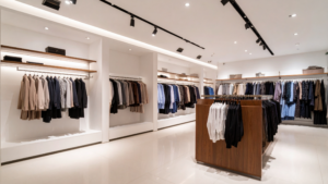 Modern clothing boutique interior with neatly arranged racks, polished floors, and clean white walls.