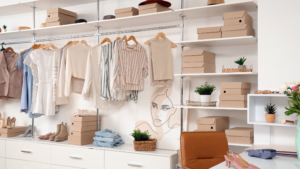 Retail clothing display wall with folded garments, storage boxes, and decorative shelving in a clean boutique setting.