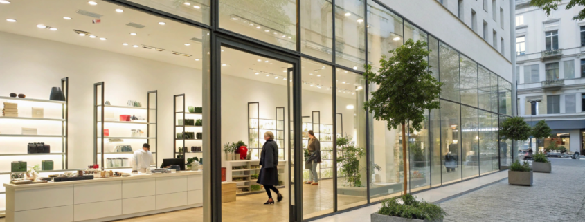 Contemporary retail store with large glass façade and bright interior maintained by Chicago's Professional Retail Cleaning.