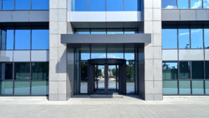 Chicago's Professional Commercial Cleaning maintaining corporate building entrance