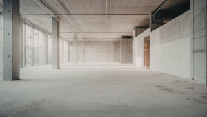 Unfinished commercial interior with exposed concrete floors before post-construction cleaning service