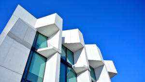 Modern white commercial building exterior after post-construction cleaning service