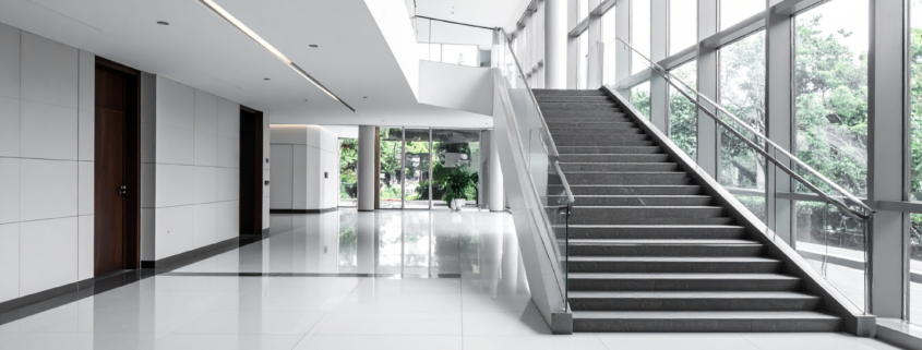 Large commercial interior prepared for inspection after post-construction cleaning