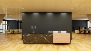 Modern office reception area with clean wooden floors and organized front desk