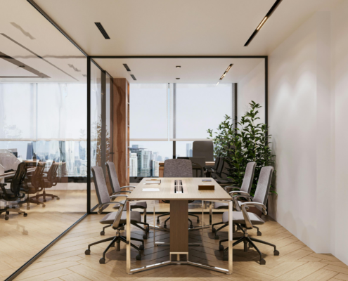 Modern glass conference room with clean floors, organized table, and city view reflecting Professional Office Cleaning Chicago standards.